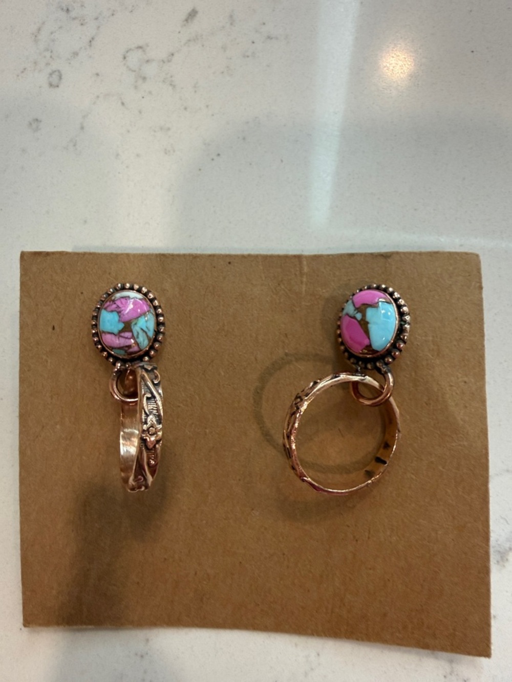 New Copper Drop Earrings with Cotton Candy and Turquoise Inlay 925 posts